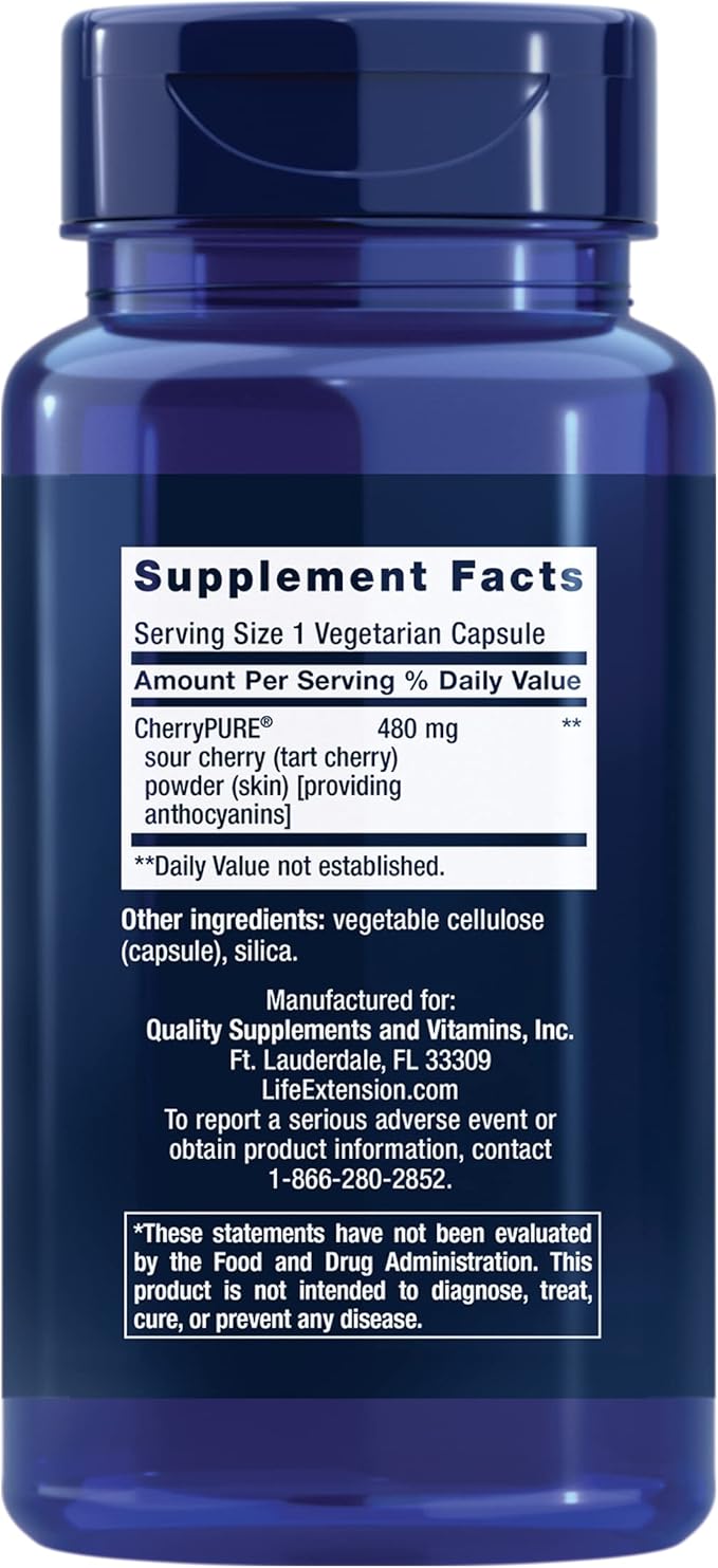 Life Extension Tart Cherry with CherryPURE® anthocyanins oxidative Stress Muscle Recovery Exercise Support Muscle Comfort Vegetarian Gluten-Free Non-GMO 60 Capsules