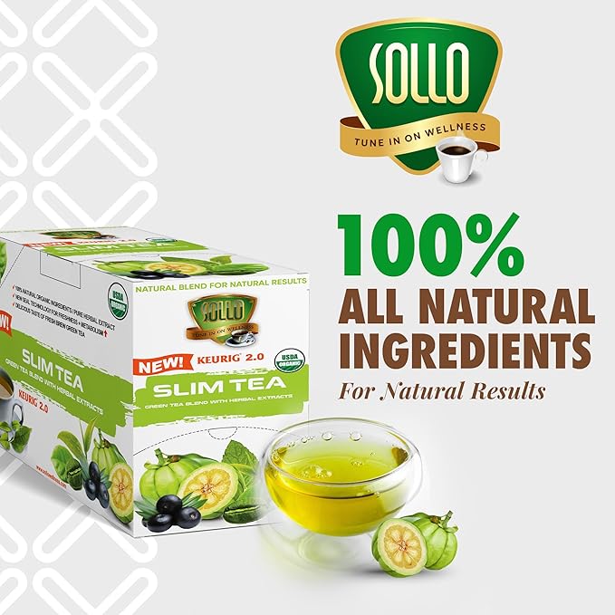 SOLLO Slim Tea K-Cup Diet Support Weight Loss with Garcinia &amp Green Coffee Extract Single Serve Pods Compatible With 2.0 K-Cup Keurig Brewers 24 Ct