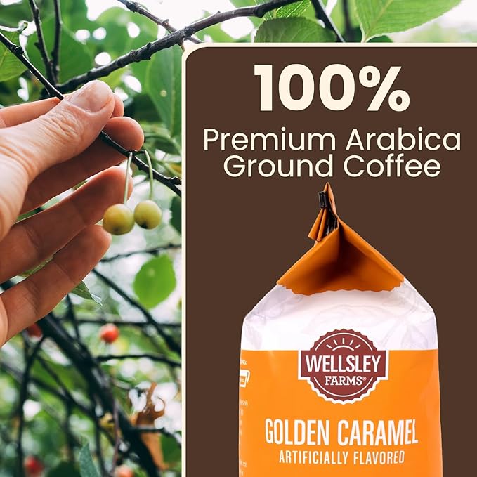 Wellsley Farms Golden Caramel Ground Coffee - 100% Arabica Light Roast - Non GMO Low Carb and Low Sodium - Flavoured Coffee for Home and Office - Smooth Caramel Coffee Taste - 32 oz Resealable Bag