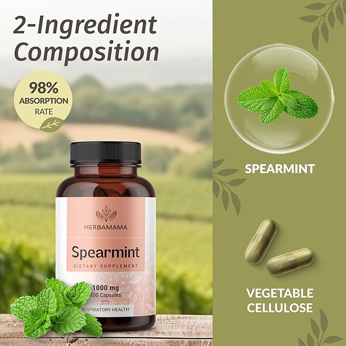 HERBAMAMA Spearmint Leaf Capsules - 1000mg Spearmint Leaves for Gut Cleanse &amp Digestive Support - Vegan Non-GMO Mentha Spicata Supplement