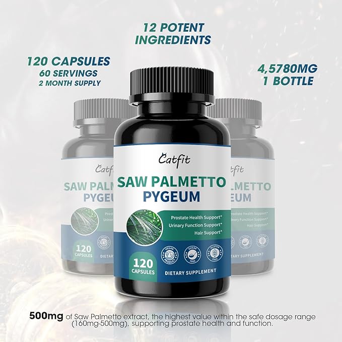 Catfit Saw Palmetto for Men – Prostate Health &amp Urinary Support &amp DHT Blocker Hair Health with Biotin 6000mcg Pumpkin Seed Oil Pygeum &amp Lycopene – Energy &amp Vitality Formula 120 Cap