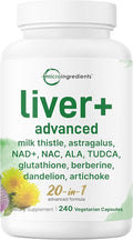 Liver Advanced+ 240 Veggie Capsules | 20-in-1 Complex with Milk Thistle Dandelion NAD NAC ALA TUDCA Glutathione Artichoke Turmeric &amp Astragalus | Non-GMO Gluten Free