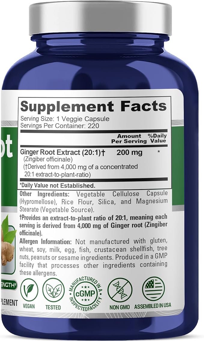 NusaPure Ginger Root Capsules 200 mg 220 Veggie Capsules (Non-GMO Vegan)