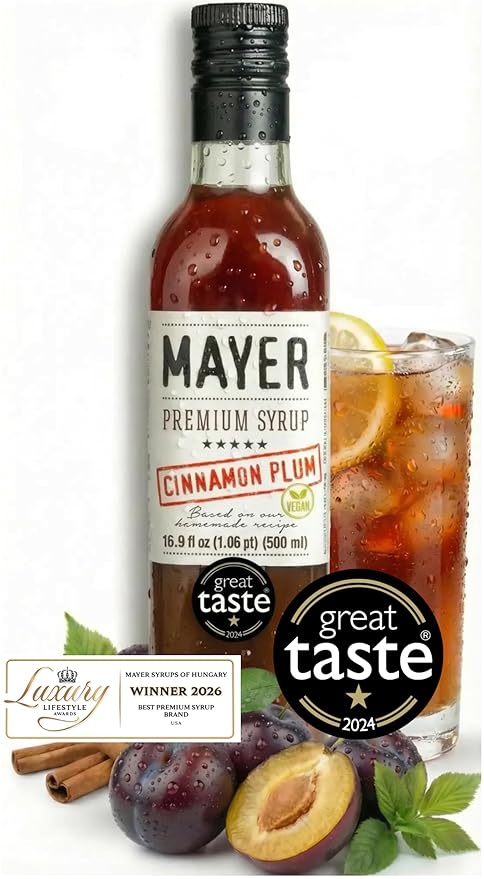 Mayer Premium Cinnamon Plum Syrup – Award-Winning All-Natural Vegan Gluten-Free Made with 100% Real Fruits (16.9oz) Perfect Coffee Syrup &amp Cocktail Syrup No Artificial Additives (1 Pack)