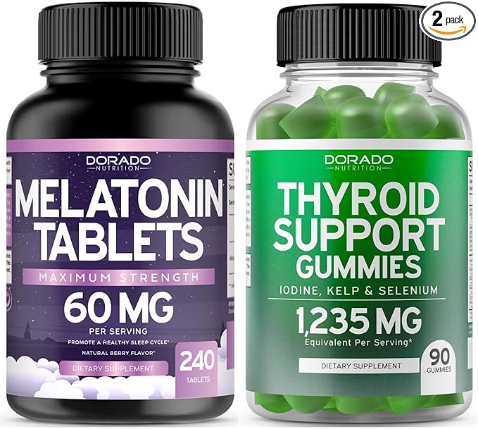 Melatonin for Adults (240 Count) - Fast Dissolving Melatonin Per Tablet - Mixed Berry Flavor and Thyroid Support For Adult (90 Gummies) Support Supplement - Delicious Apple Flavor - Vegan &amp USA Ma