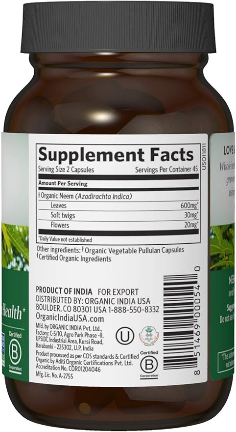 ORGANIC INDIA Neem Herbal Supplement - Supports Skin Immune &amp Liver Health Detox Healthy Inflammatory Response Vegan Gluten-Free USDA Certified Organic - 90 Capsules 2 Pack
