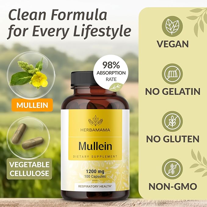 HERBAMAMA Mullein Leaf Capsules - 1200mg Mullein Leaf Extract for Lung Detox Support - Vegan Non-GMO Respiratory Lung Cleanse Supplement