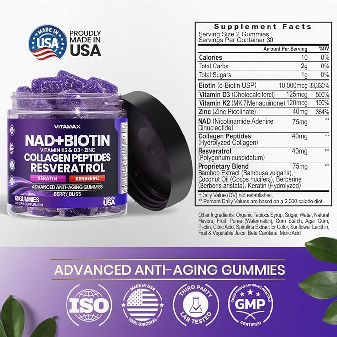NAD+ Resveratrol Berberine &amp Biotin Anti-Aging Gummy - Hair Skin Nails &amp Joint Supplement - Collagen Peptides Keratin Zinc Vitamin K2 &amp D3 Gummies -Regeneration- Non-GMO - Made in