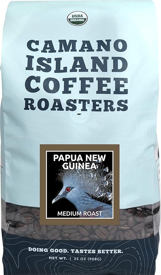 Camano Island Coffee Roasters Papua New Guinea Whole Bean 2lb Fresh Medium Roast USDA Organic Fairly Traded Shade Grown Top 1% Arabica Delicious Cocoa Dried Fruit Brown Sugar Flavor Profile