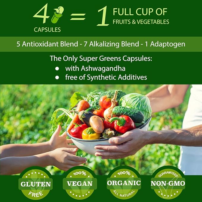 Organic Vegan Super Greens Capsules with Ashwagandha - Immune Support with All Natural Whole Food Nutrients Chlorella Moringa Spirulina Turmeric Kale. Improve Digestion Boost Energy - Detox Pills
