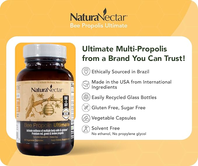 NaturaNectar - Ultimate Bee Propolis Capsules - NSF Contents Certified -Brazilian Red Brown &amp Green - Gluten-Free Supplement with Flavonoids - Naturally Sourced Through Ethical Beekeeping (60pcs