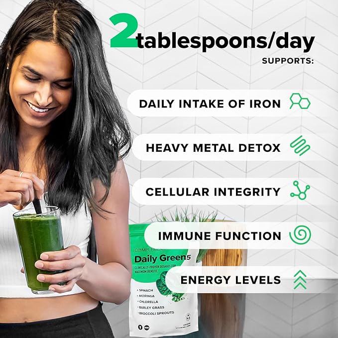 Complement Daily Greens Powder Super Greens Powder Superfood- Wholefoods Organic Chlorella Powder Barley Grass Juice Powder Broccoli Sprouts- Immune Support Brain Health Metal Detox- 30 Servings