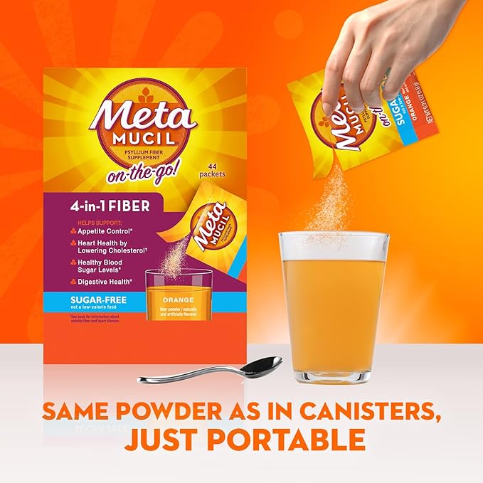 Metamucil On-the-Go Packets Sugar-Free 44 Packets 4-in-1 Psyllium Husk Fiber Supplement Orange Flavored Individual Servings Great for Travel Fiber Supplement for Digestive Health and Regularity