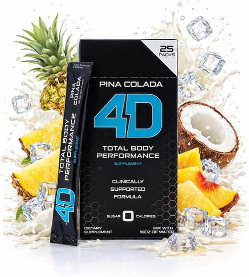 4D Pina Colada 25 Unit Box - Electrolytes Aminos Vitamins &amp Energy Powder Packets - Zero Calories &amp Sugars - Gluten Free Non-GMO Keto &amp Vegan Friendly