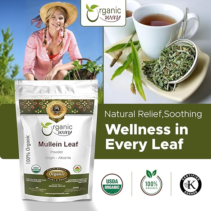 Organic Way Mullein Leaf Powder (Verbascum thapsus) - European Wild-Harvest | Organic &amp Kosher Certified | Vegan Non GMO &amp Gluten Free | USDA Certified | Origin - Albania (16 Oz)