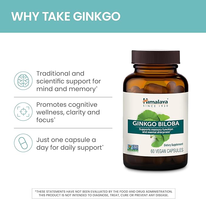 Himalaya Ginkgo Biloba 60 Day Supply - Herbal Brain Supplements for Memory and Focus Support - Vegan Gluten Free 120 mg 60 Capsules