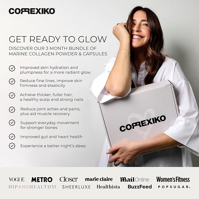CORREXIKO Marine Collagen Supplement Pills &amp Powder Bundle 3 Month Supply - Includes 10000mg Double Hydrolyzed Collagen Powder 1kg &amp 1800mg Collagen Peptides 360 Capsules - for Hair Skin &am