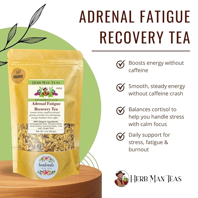 ADRENAL FATIGUE TEA – Non-Stimulating Energy &amp Stress Support with Adaptogens – by Master Herbalist Khabir – 100% Organic Non-GMO No Additives