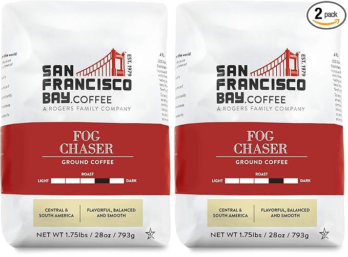 San Francisco Bay Coffee - Medium-Dark Roast - Fog Chaser (28 oz bag) - Ground Coffee(Pack of 2)