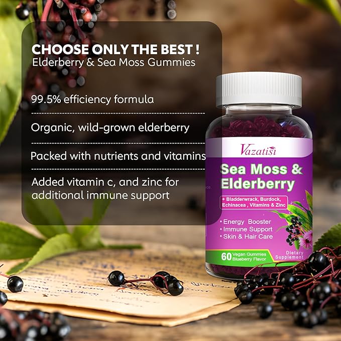 2 Pack Elderberry Gummies with Sea Moss Extra Strength Elderberry with Vitamin C Zinc for Immune Support for Adults Kids Women &amp Men Blueberry Flavor 120Cts