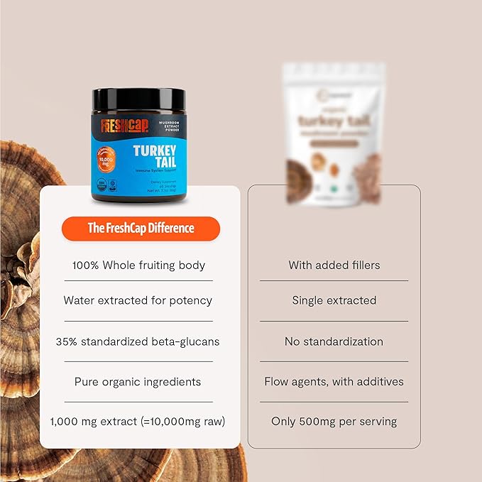 FreshCap Mushrooms Ayurveda Turkey Tail Mushroom Powder 10000mg - Turkey Tail Supplement Mushroom Extract for Immune Support Nootropic Supplement (60 Servings)