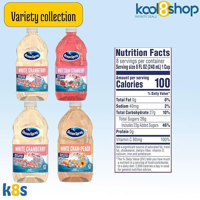 Ocean Spray Variety Pack White Cran Juice Drink Flavors May Vary 64 fl oz Plastic Bottles 4 Pack + 15 Sugarcane Disposable Straws by KOOL8SHOP Infinite Deals