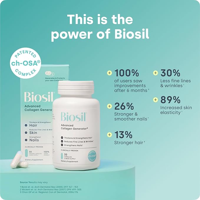Biosil Collagen Booster Supplement - 30 Original Capsules Pack of 2 - Patented ch-OSA Activator for Skin Hair Nails &amp Joints - Supports Natural Production - 30-Day Supply
