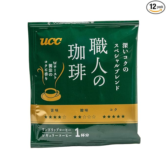 UCC Shokunin Coffee Variety Pack Single Serve Japanese Style Pour Over Coffee Imported from Japan 12 Individual Bags 0.25 Oz (7g) per bag Sun-Dried Beans Artisan Crafted Each Bag Makes 5 oz Cup