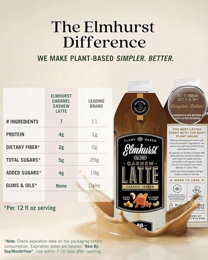 Elmhurst 1925 Caramel Cashew Latte – Plant-Based Vegan Dairy-Free Plant Milk Latte Made of Cashew Milk Cold Brew Premium Arabica with 95mg Caffeine &amp Sweet Caramel Notes – 25.4oz (Pack of 6)
