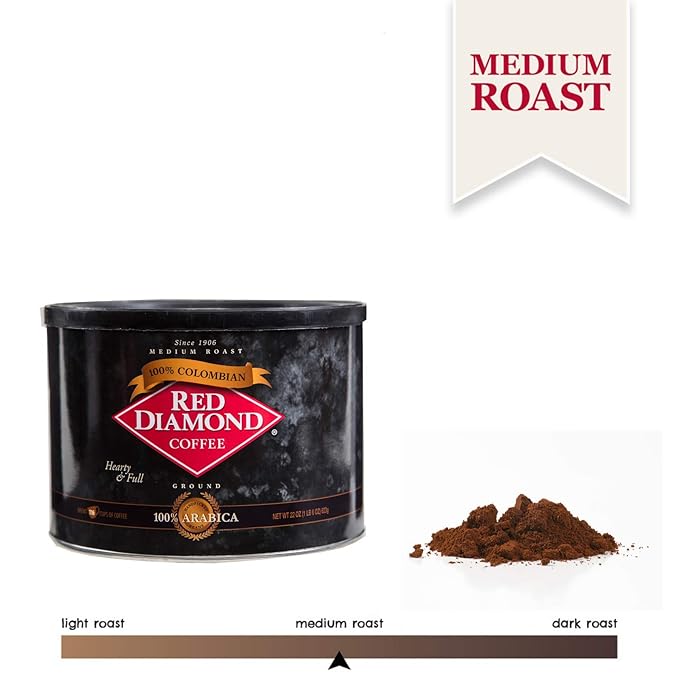 Red Diamond Coffee 100% Colombian Ground Coffee Medium Roast | Hearty and Full Flavor 22 Ounce Can