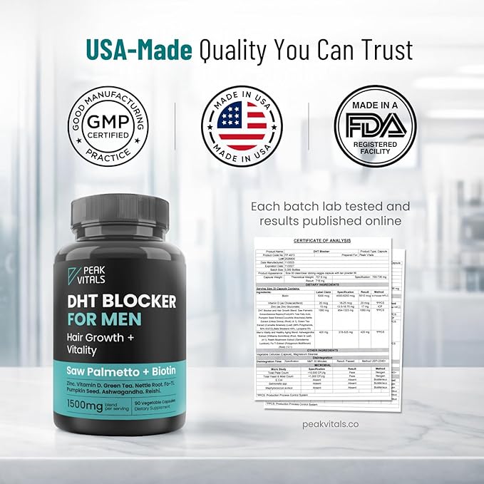 DHT Blocker for Men | Ultra Potent Hair Growth Formula | Saw Palmetto Biotin Pumpkin Seed Herbal Extracts | Natural Hair Loss Supplements | Hair Regrowth Vitamins | Made in The USA | 90 Capsules
