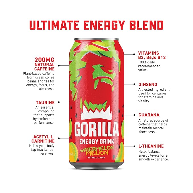 Gorilla Energy Drink Watermelon Melon 200mg Natural Caffeine Real Fruit Juice Squeezed &amp Concentrated L-Theanine Taurine Ginseng Acetyl L-Carnitine No Added Sugar and No Artificial Colors