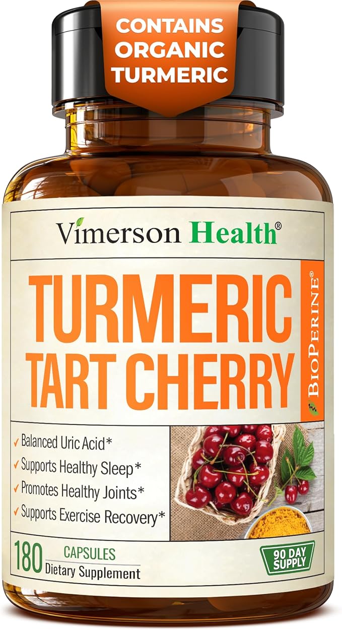Turmeric Curcumin Supplement with 10:1 Tart Cherry Extract &amp Celery Seed Extract – Natural Uric Acid Balance Joint Health &amp Sleep Aid – Turmeric Curcumin with Black Pepper – 180 Tart Cherry C