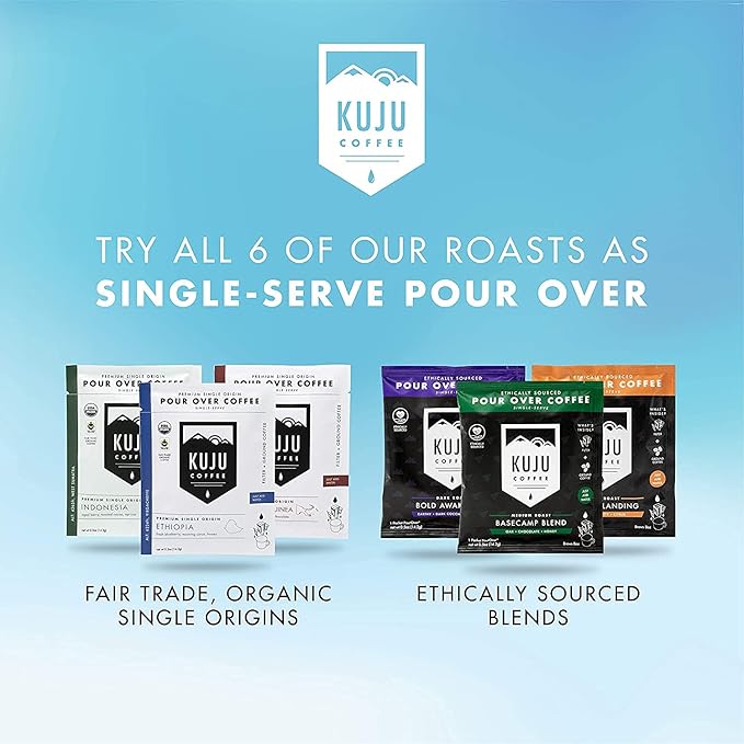 Kuju Coffee Premium Pour Over Individual Coffee Packets - Backpacking Travel Camping Organic Coffee Singles - Fair Trade &amp Eco-Friendly - Ethiopia - Yirgacheffe 6-pack