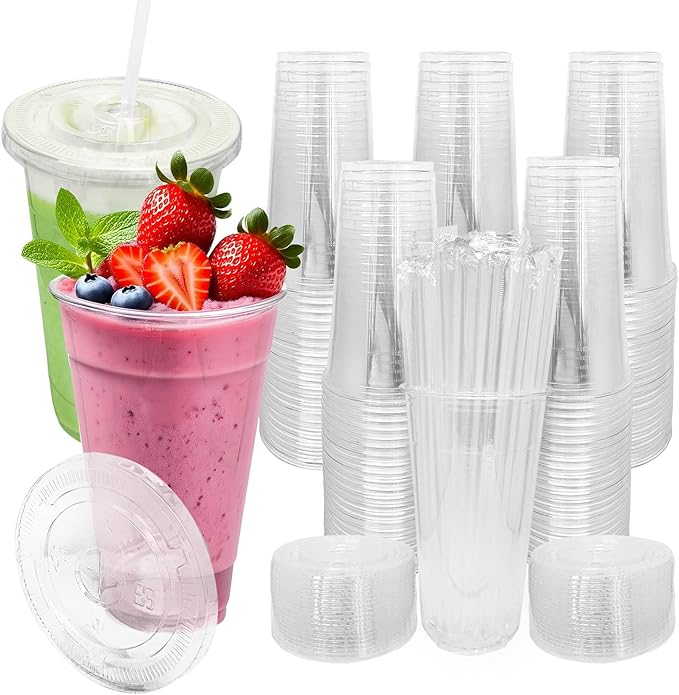 [200 SETS] 32 oz Cups with lids Plastic cups with lids and straws iced coffee cup suitable for takeout iced coffee cold drinks smoothies juices parfaits Frappuccinos and milkshakes.