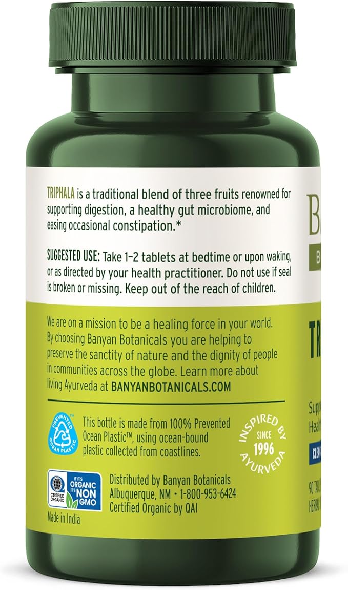 Banyan Botanicals Organic Triphala Tablets - Gentle Daily Digestion &amp Colon Cleanse Support - Amla Haritaki Bibhitaki - Healthy Elimination Detox &amp Gut Microbiome - 90 Tablets - Non-GMO Ve