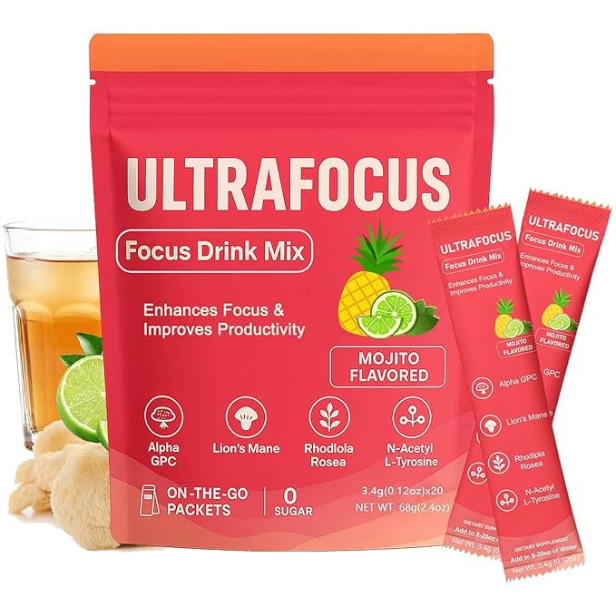 Ultrafocus Drink Mix - Mojito Flavor Ultrafocus Drink With L-Tyrosine Alpha-Gpc Lion's Mane &amp Rhodiola Enhance Focus &amp Motivation Improve Mental Clarity Sugar-Free (20 Packets) (1)