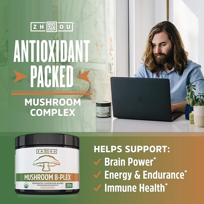 ZHOU Mushroom 8-Plex - Mushroom Supplement Powder Blend Coffee Alternative for Adults Nootropic Complex for Health with Chaga Lions Mane Reishi &amp Turkey Tail - 2.14oz (30 Servings)