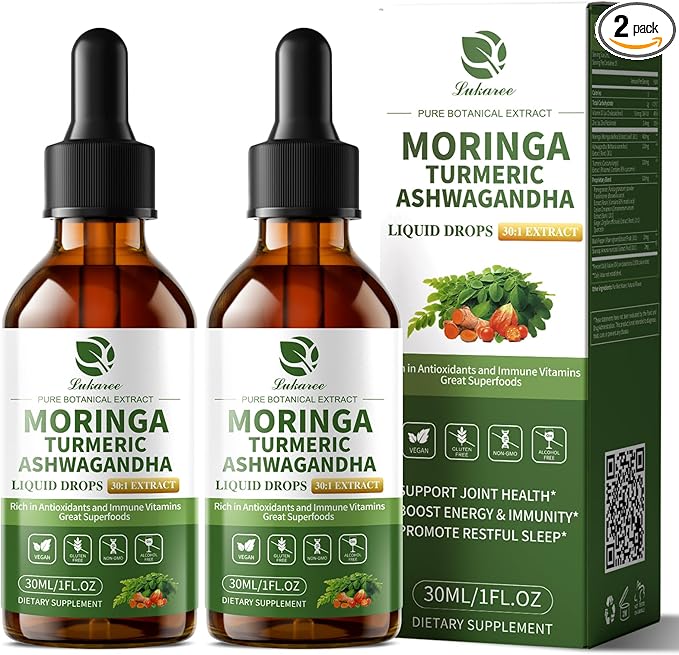 Lukaree 12-in-1 Lipsomal Moringa Leaf Drops with Ashwagandha Turmeric Quercetin 98% Absorption &amp 30:1 Pure Moringa Extract for Energy Immune Joint Digestive Support Vegan Non-GMO Gluten-Free