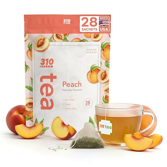 310 Nutrition Peach Flavor Detox Tea – Herbal Tea Sachets for Daily Routine – Green Tea Oolong Blend with Rooibos Yerba Mate – Fruity Herbal Tea Without Sugar Stevia-Sweetened – Pyramid Tea Bags Peac