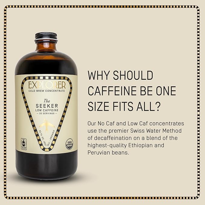 Explorer Cold Brew Organic Liquid Coffee Concentrate Seeker Low Caffeine Drink Iced or Hot 32 fl oz Makes 20+ Cups