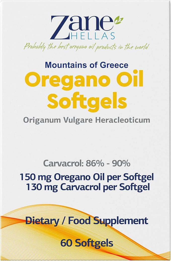 Zane Hellas 130 mg Carvacrol - 150 mg Oregano Oil per Softgel. World Highest Concentration Oregano Oil Capsule. Softgel Contains 30% Greek Essential Oil of Oregano. 60 Softgels.