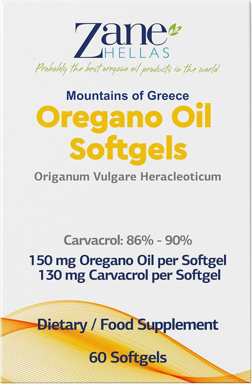 130 mg Carvacrol - 150 mg Oregano Oil per Softgel. Zane Hellas Oregano Oil Softgel - Contains 30% Greek Essential Oil of Oregano. 120 Softgels.