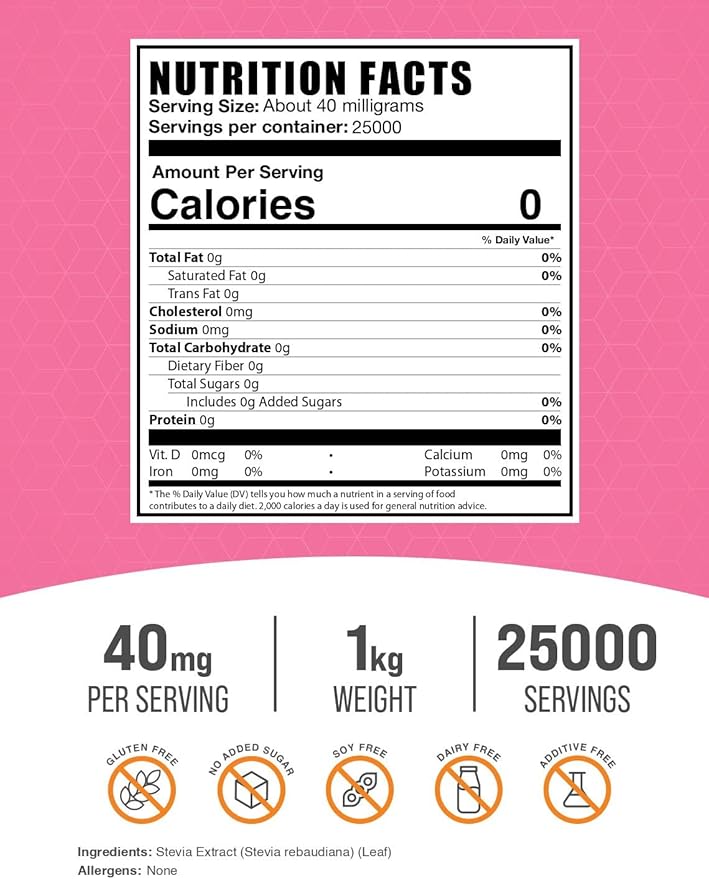 BulkSupplements.com Stevia Extract Powder - Stevia Sweetener Pure Stevia Powder - Zero Calorie Sweetener Gluten Free 40mg per Serving 1kg (2.2 lbs) (Pack of 1)