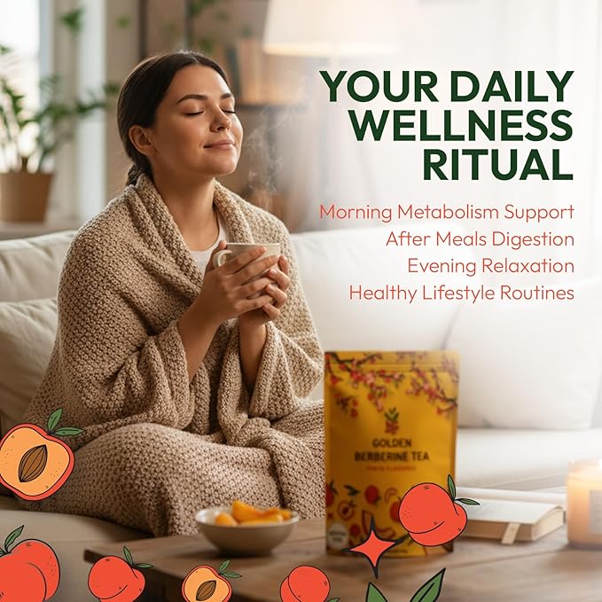 Berberine Tea 45g Natural Organic Caffeine-Free Blend Non-GMO Herbal in Plastic-Free Stand Alone Pouch Delicious Antioxidant for Immune Support (Peach)