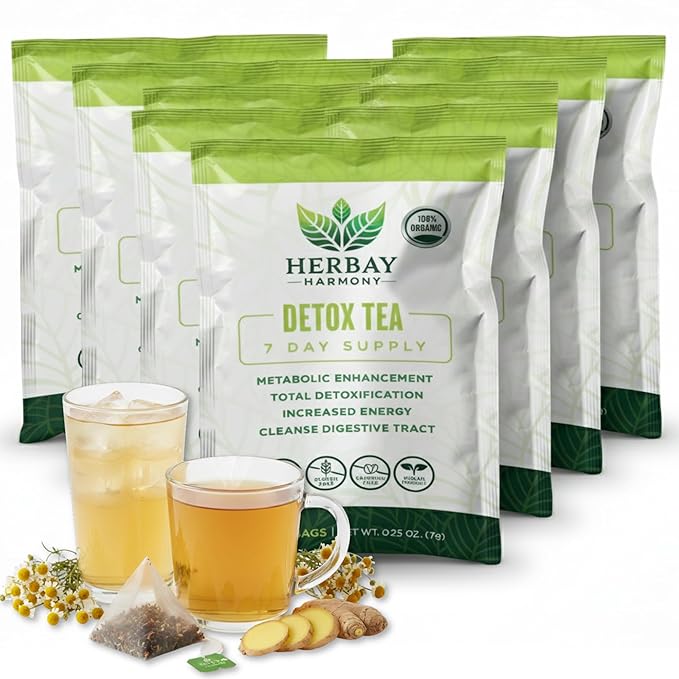 Herbay Harmony Organic Detox Tea – Caffeine-Free Herbal Cleanse for Bloating Relief Digestive Tea &amp Natural Body Detox Organic Herbal Blend with Ginger Chamomile &amp Papaya - 12 Pack (12 Week