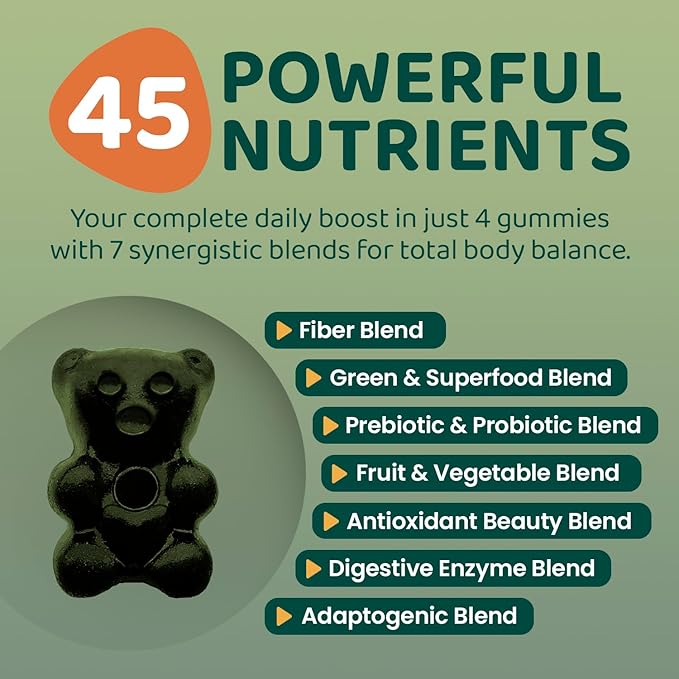 Super Greens Gummies for Adults – 7-in-1 Whole Food Supplement Spirulina Lion’s Mane Probiotics Fiber &amp Digestive Enzymes Vegan Sugar-Free Digestive &amp Immune Support 120 Gummies