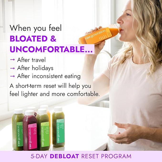 Raw Generation 5-Day Debloat Reset Cleanse – Plant-Based Nutritional Reset for Bloating &amp Digestive Comfort | Cold-Pressed Raw Juice Program to Help You Feel Lighter &amp Less Puffy