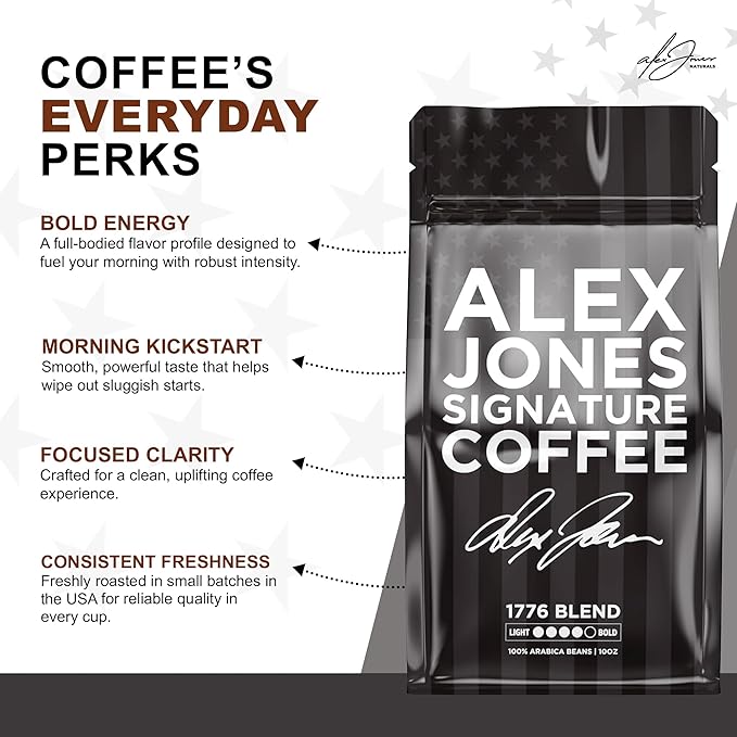 Alex Jones Naturals Organic Dark Roast Arabica Coffee - Signature 1776 Blend - Bold Smooth &amp Rich Flavor with Clean Finish – Freshly Roasted Colombian and Brazilian Coffee – 10 oz Bag