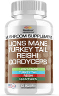 Stamiron Lions Mane Supplement Turkey Tail Mushroom Capsules with Cordyceps Extract &amp Reishi Mushrooms - Alt to Mushroom Gummies Mushroom Powder Mushroom Coffee - 90 Count